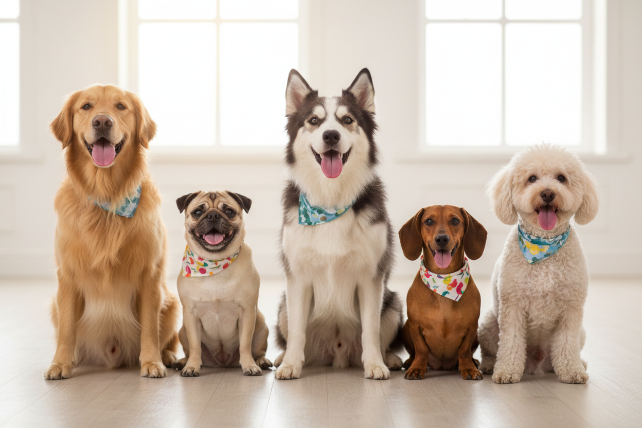 generate image of several dogs sitting in a row smiling